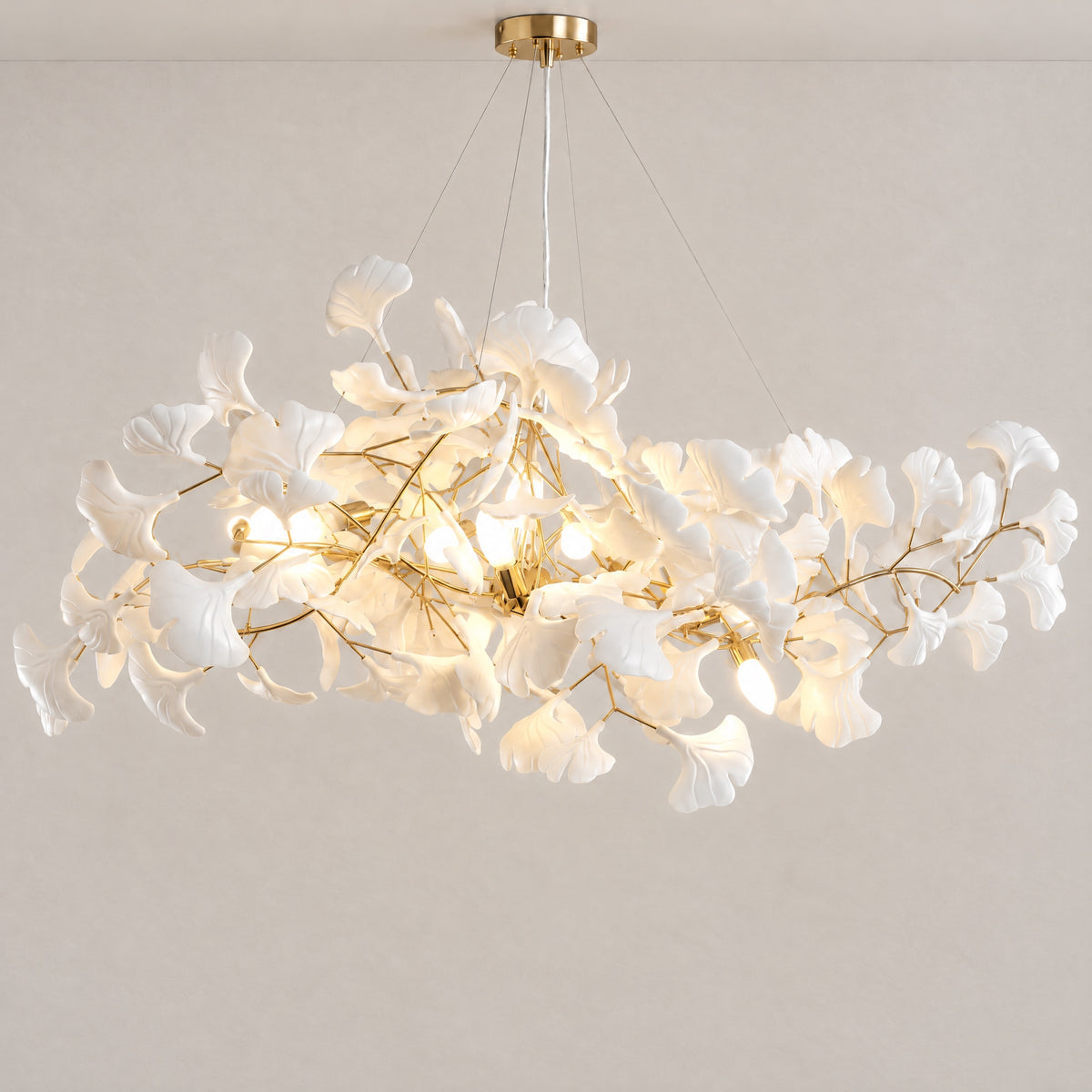 60'' Modern Gold Ceramic Ginkgo Leaf Chandelier – lights on
