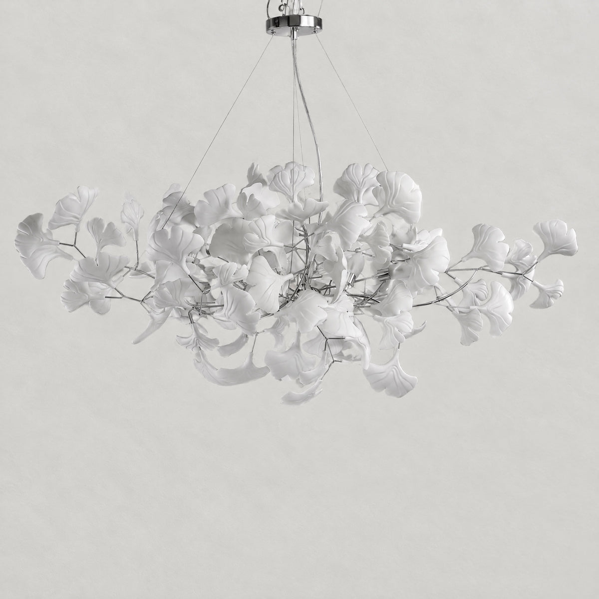 60" Silver Ceramic Ginkgo Leaf 10-Light Chandelier – lights off