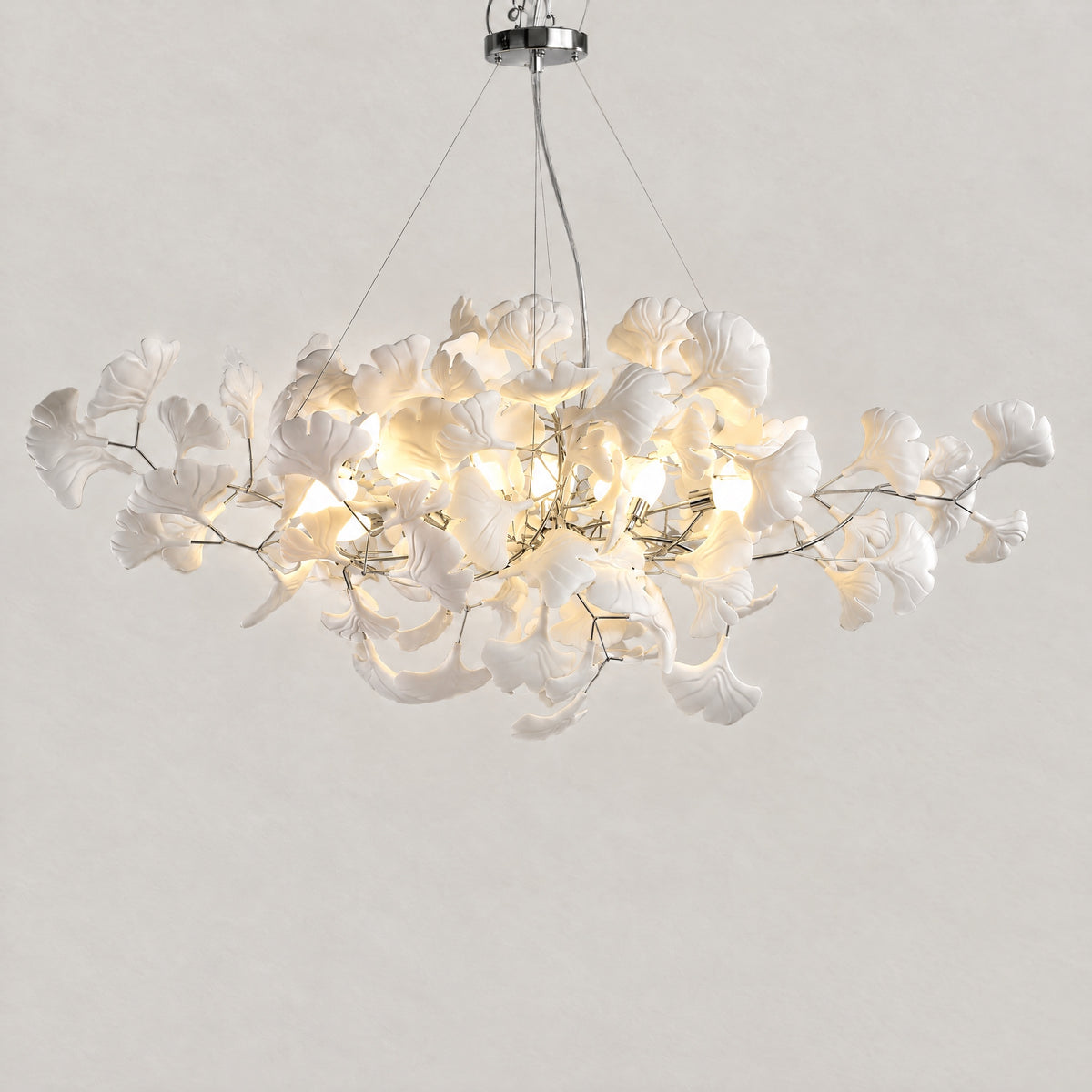 60" Silver Ceramic Ginkgo Leaf 10-Light Chandelier