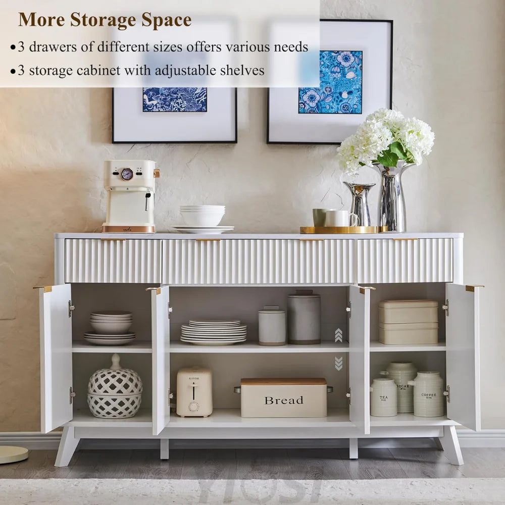 OKD 60" White Fluted Buffet Sideboard Cabinet with Storage