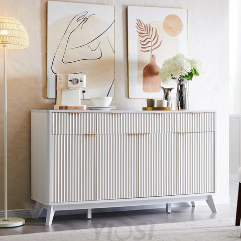 OKD 60" White Fluted Buffet Sideboard Cabinet with Storage