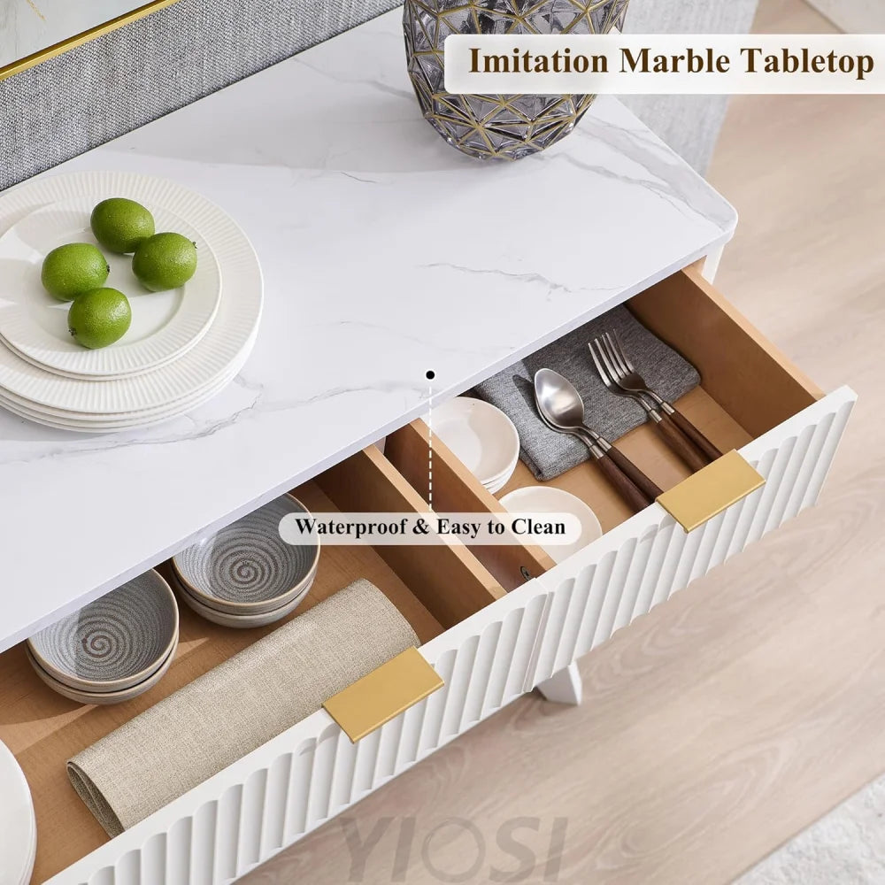 OKD 60" White Fluted Buffet Sideboard Cabinet with Storage