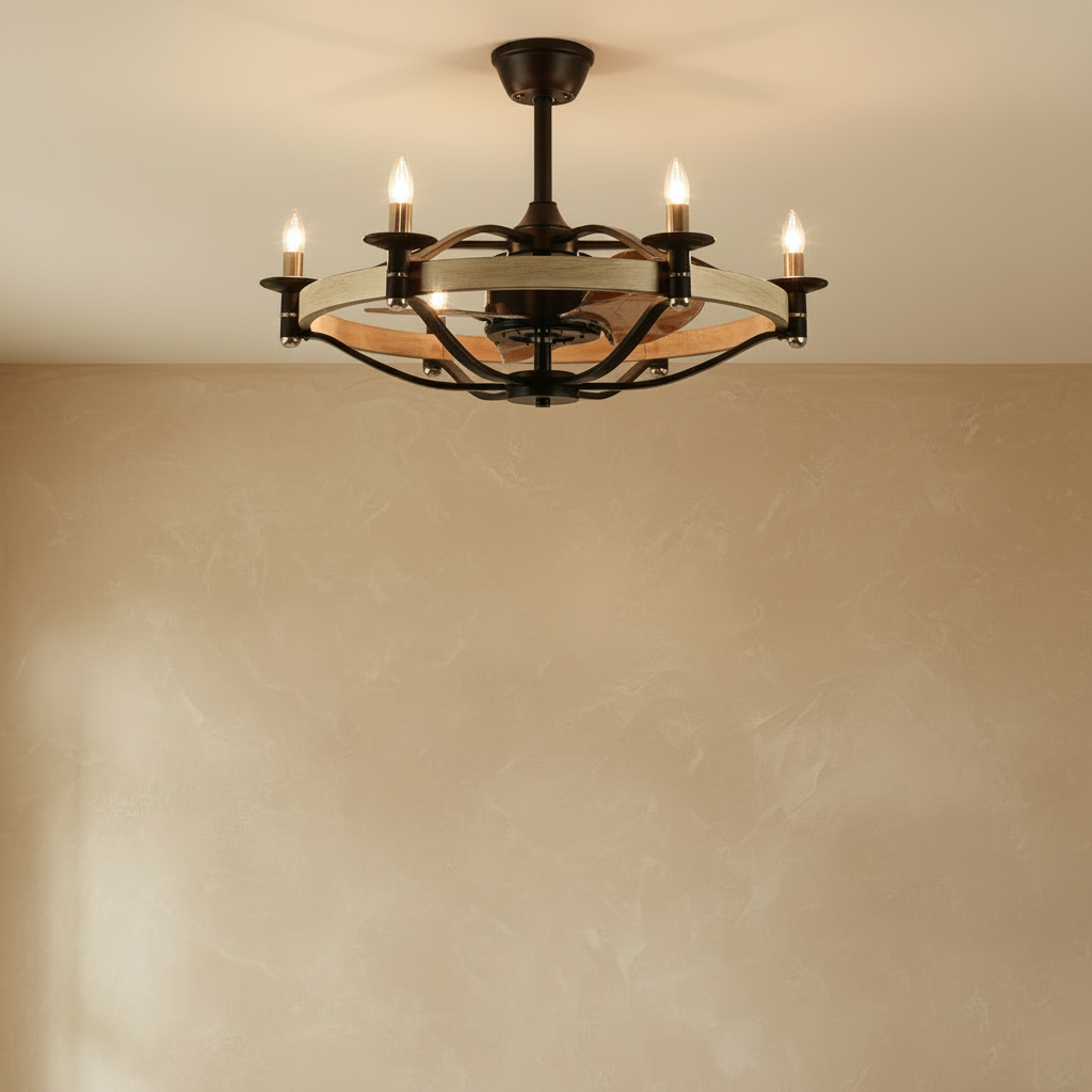Industrial Caged Ceiling Fan with Tiered Chandelier Light - light off