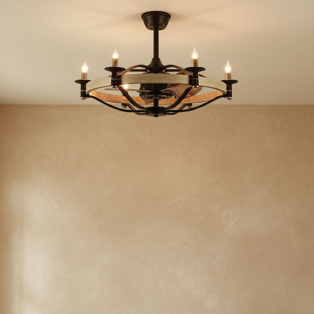 Industrial Caged Ceiling Fan with Tiered Chandelier Light - light on