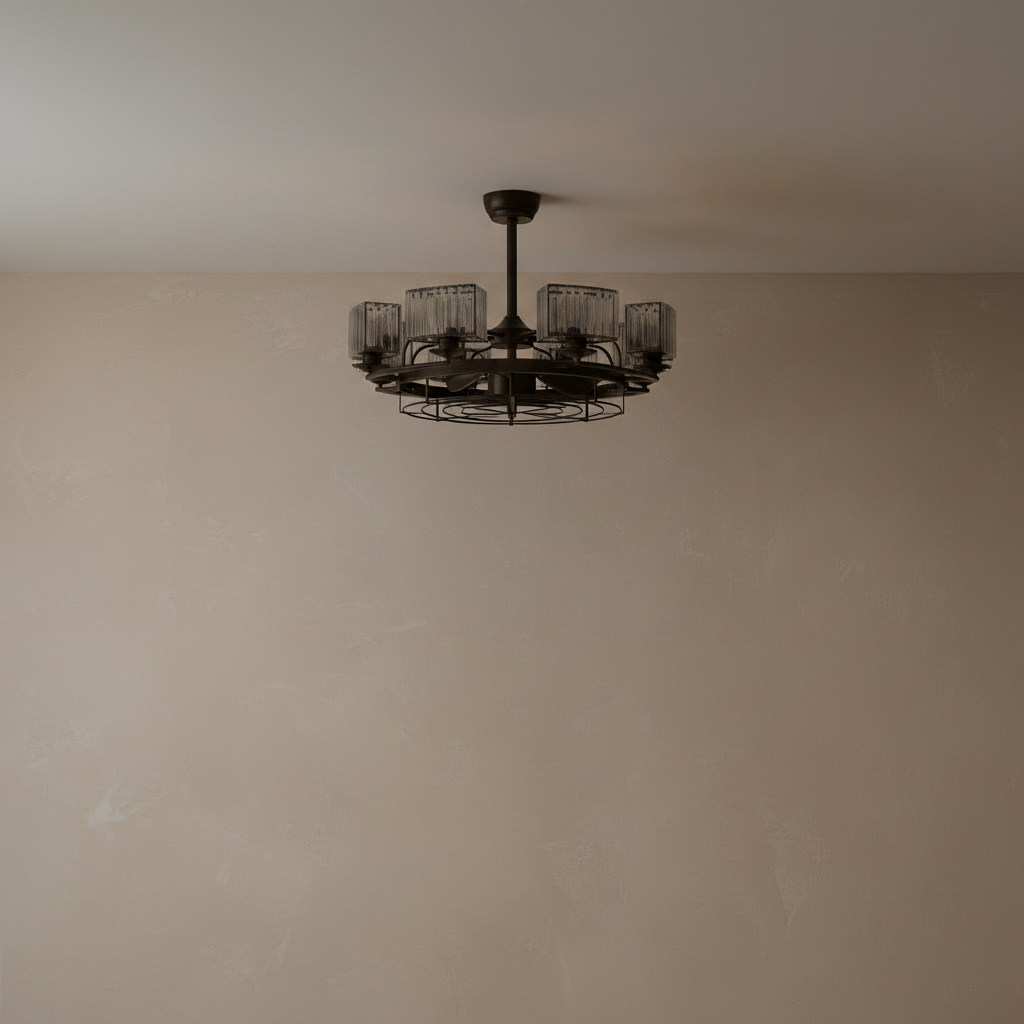 Industrial Caged Ceiling Fan with Rectangular Crystal Shade - light off