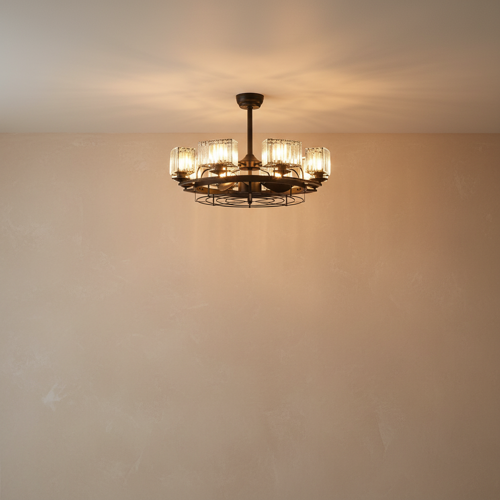 Industrial Caged Ceiling Fan with Rectangular Crystal Shade - light on