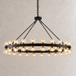 60" 60-Light Crystal Ring Chandelier - Black on a light warm plaster wall