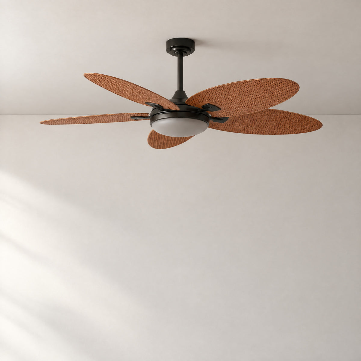 62" Woven Wicker Leaf Blade Ceiling Fan with LED Light – lights off