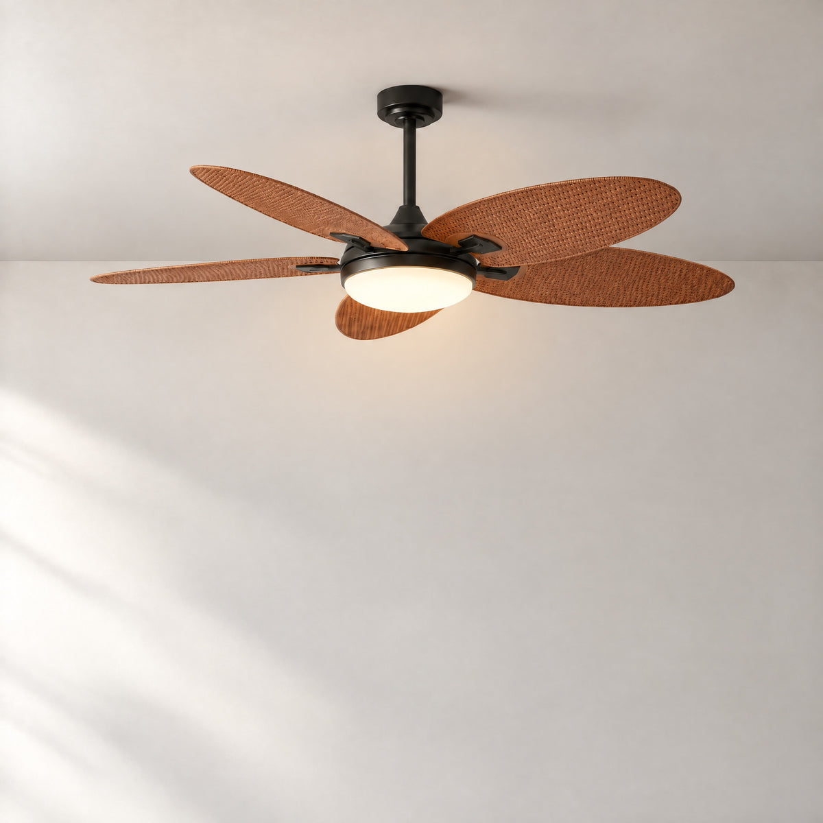 62" Woven Wicker Leaf Blade Ceiling Fan with LED Light – lights on