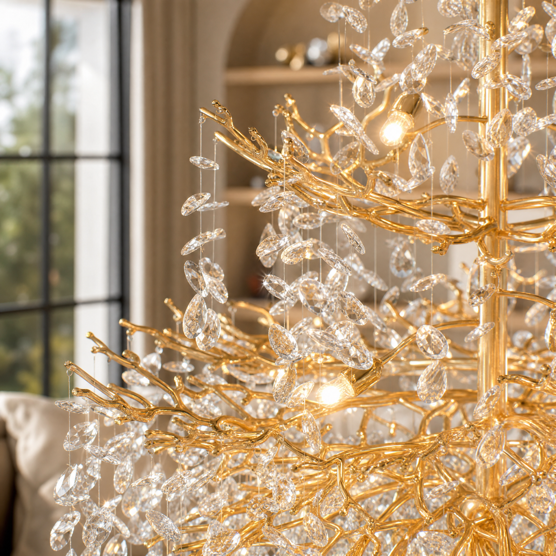 65" Gold Large 27-Light K9 Crystal Tree Branch Chandelier