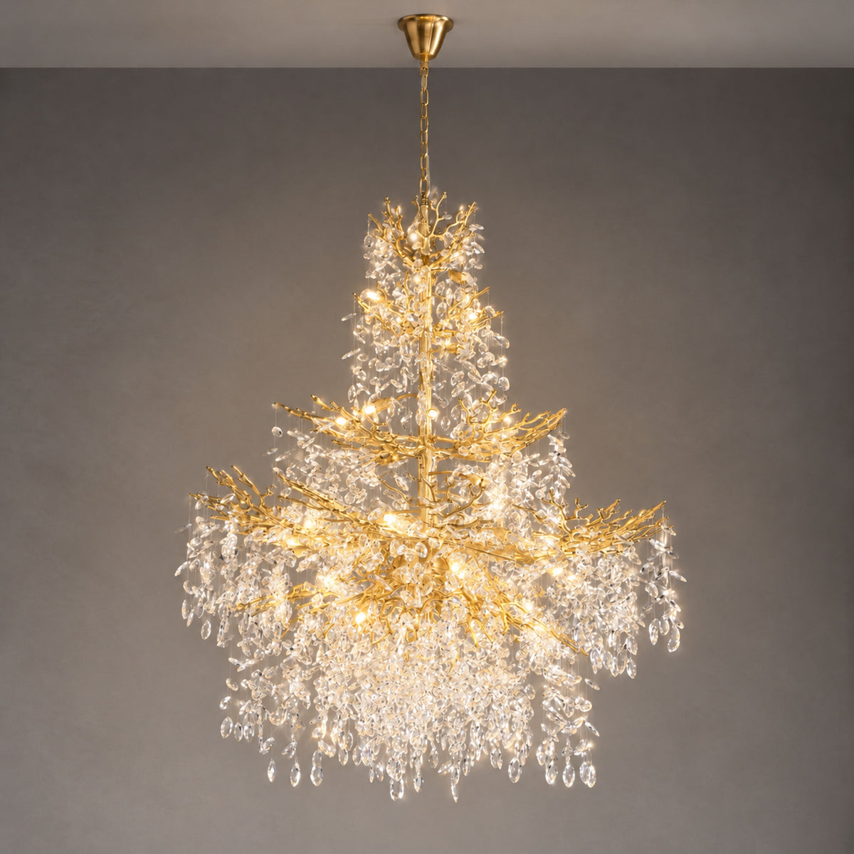 65" Gold Large 27-Light K9 Crystal Tree Branch Chandelier