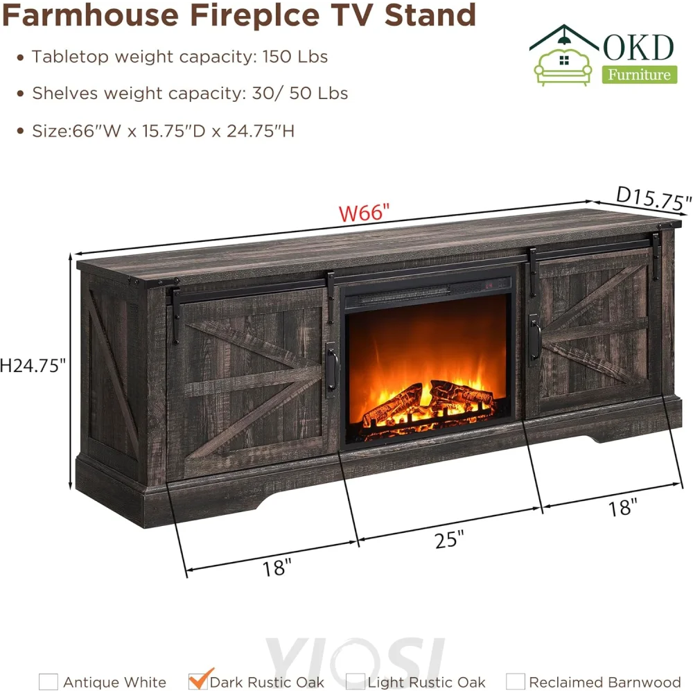 OKD 66 Inch Farmhouse Fireplace TV Stand for 75 Inch TV