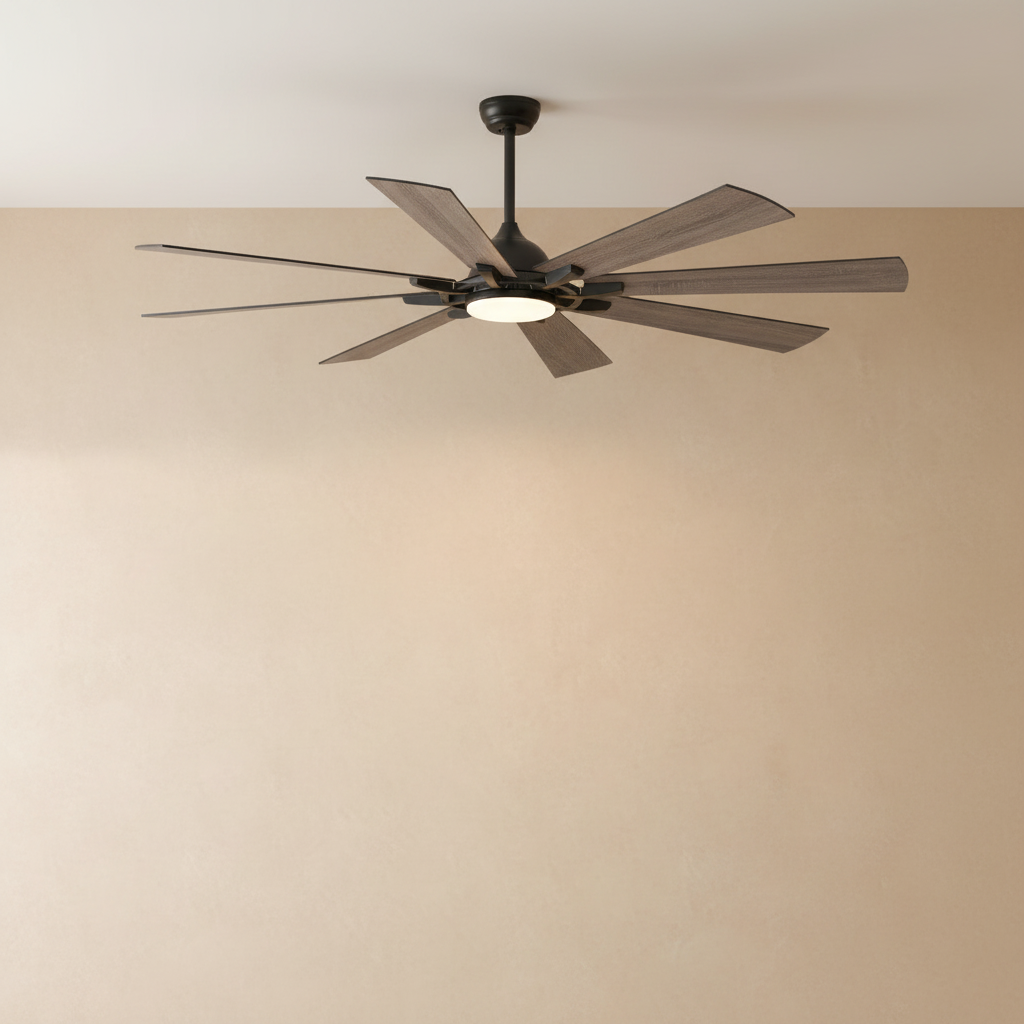 A modern 8-blade ceiling fan with a brushed nickel metal finish and a central integrated circular LED light disc.