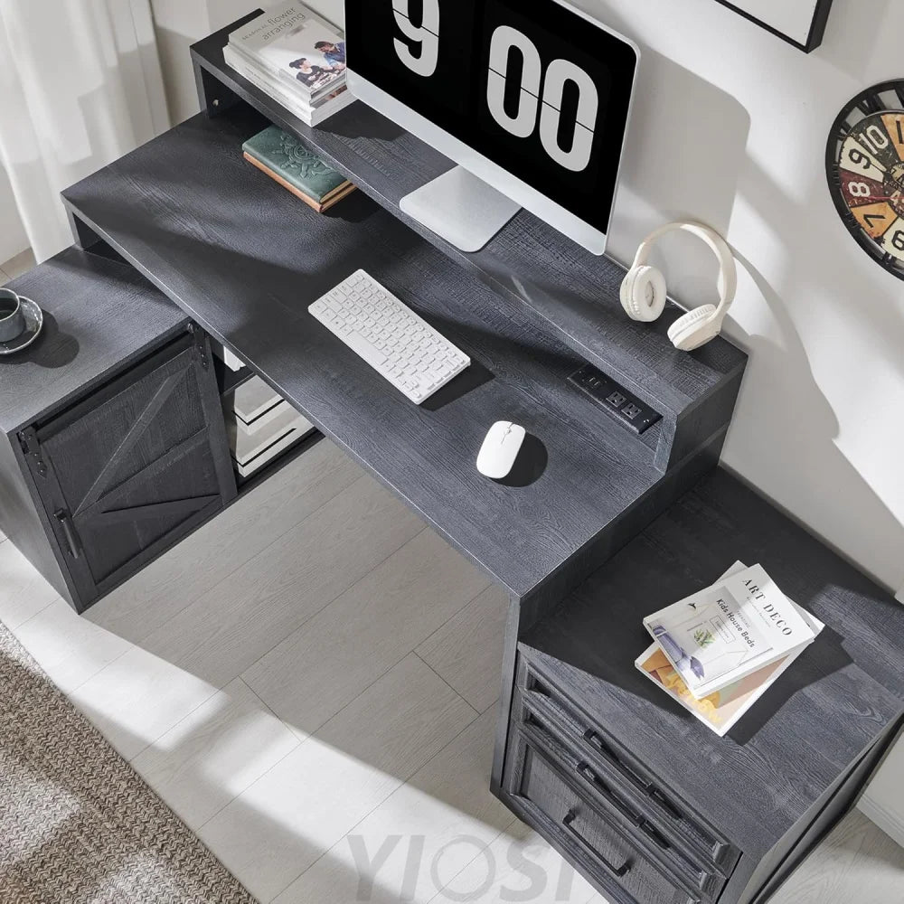 JXQTLINGMU 67 Inch Modern Farmhouse Computer Desk with File Cabinet