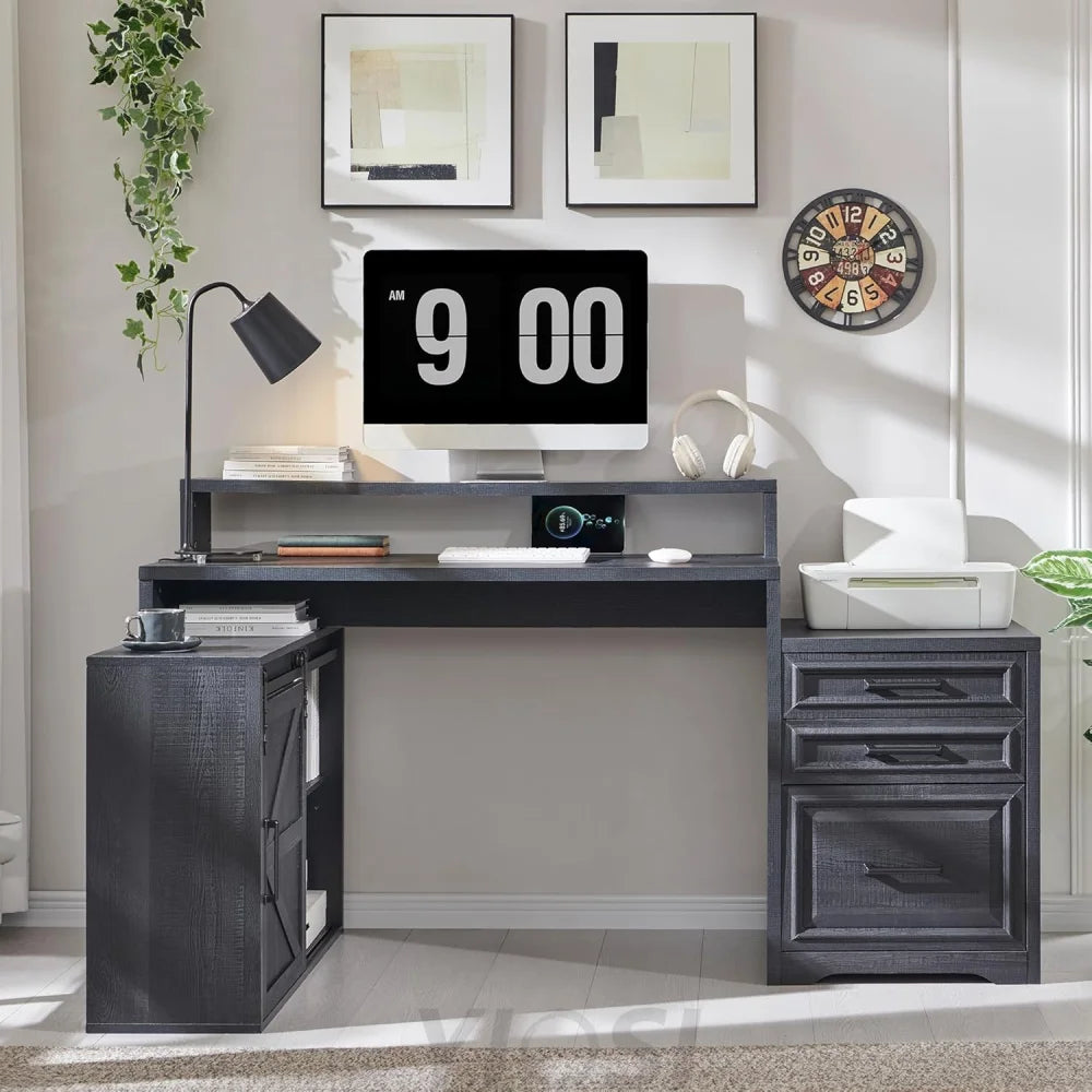 JXQTLINGMU 67 Inch Modern Farmhouse Computer Desk with File Cabinet