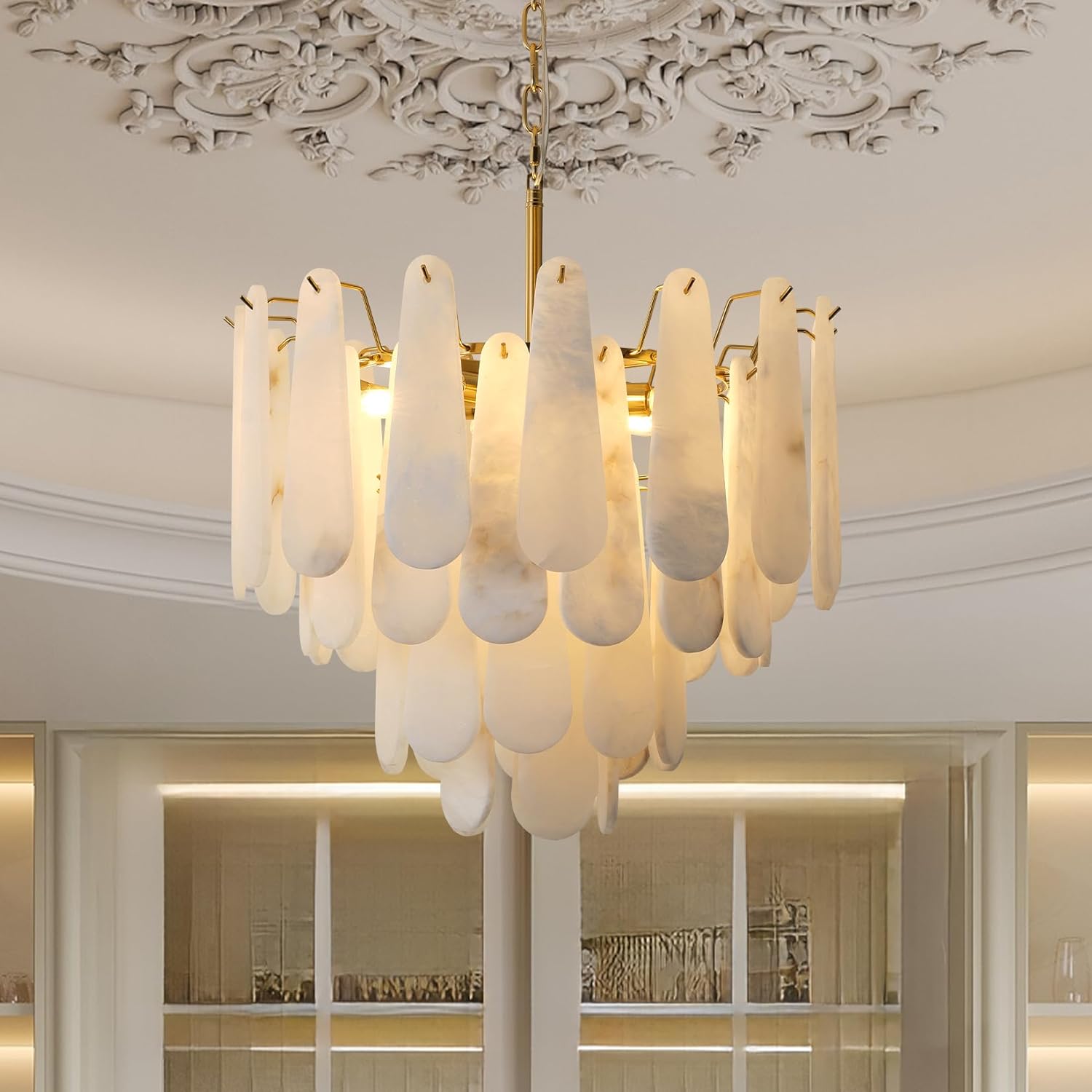 Modern Alabaster Feathery Chandelier
