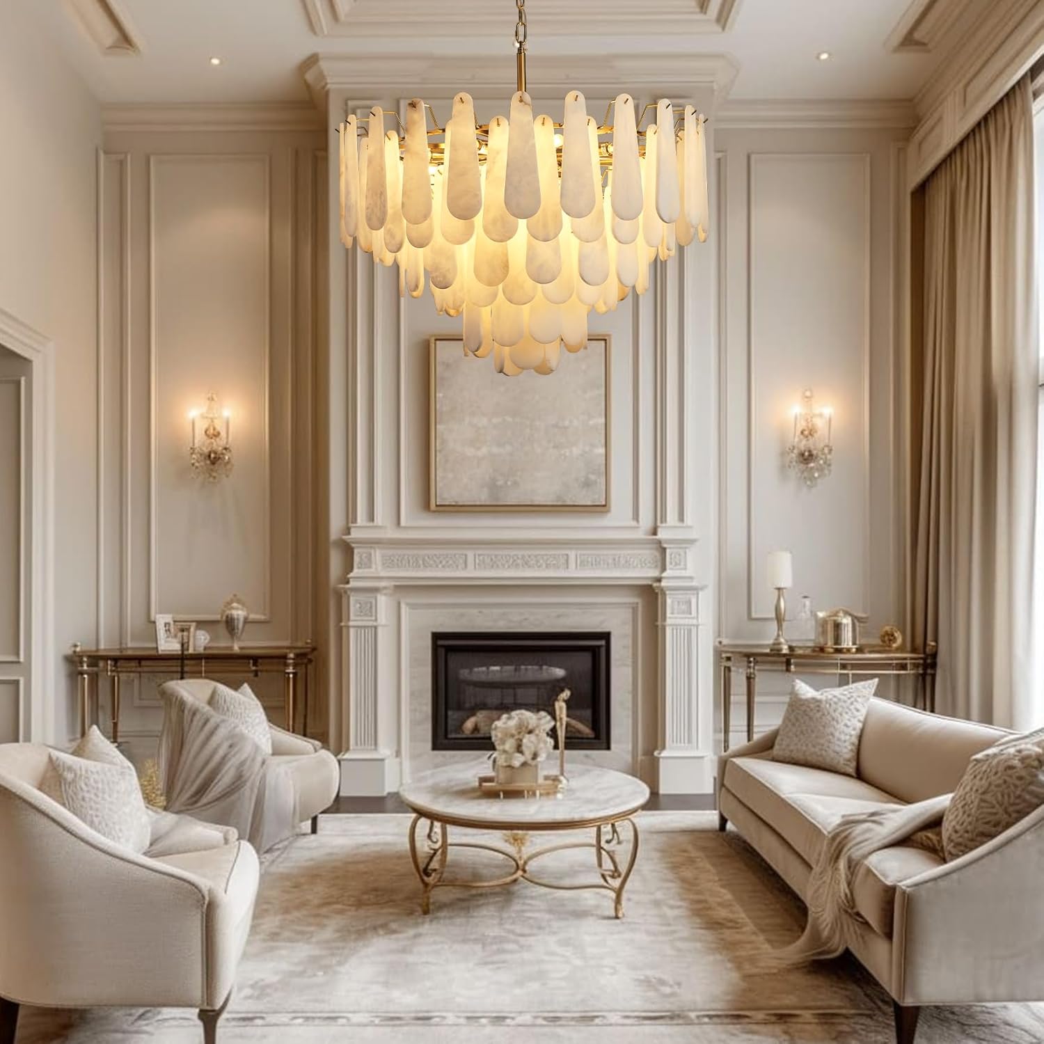 Modern Alabaster Feathery Chandelier