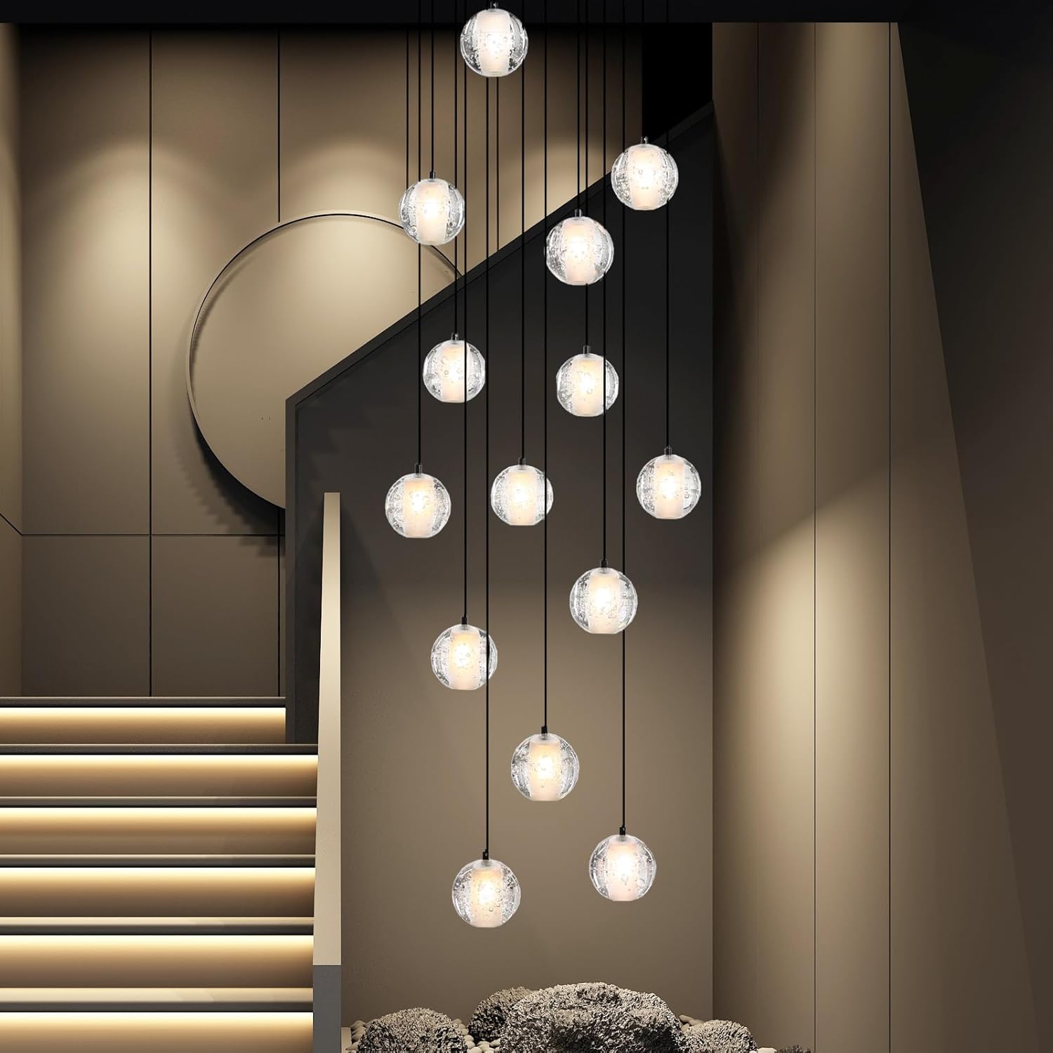 YIOSI Black chandelier-14-Lights Staircase Chandelier for Living Room Hight Ceiling Foyer Pendant Lighting Fixture Modern Crystal Chandelier Spiral Stairwell Lighting Round Base Light,