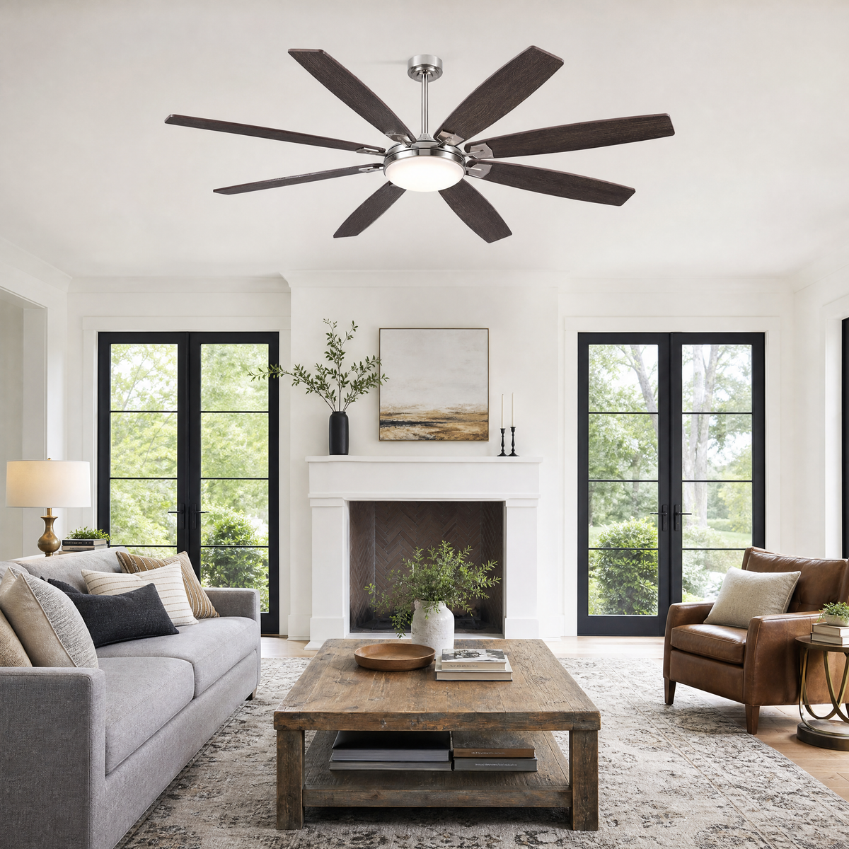 72" Industrial Walnut 8-Blade Ceiling Fan with LED Disc