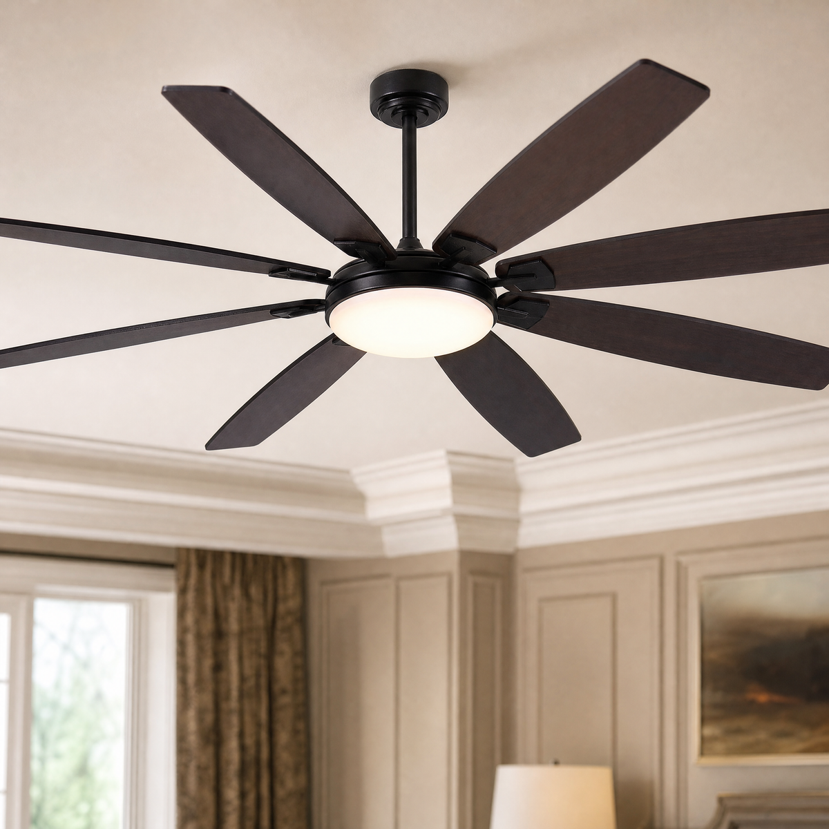 72" Industrial Walnut 8-Blade Ceiling Fan with LED Disc