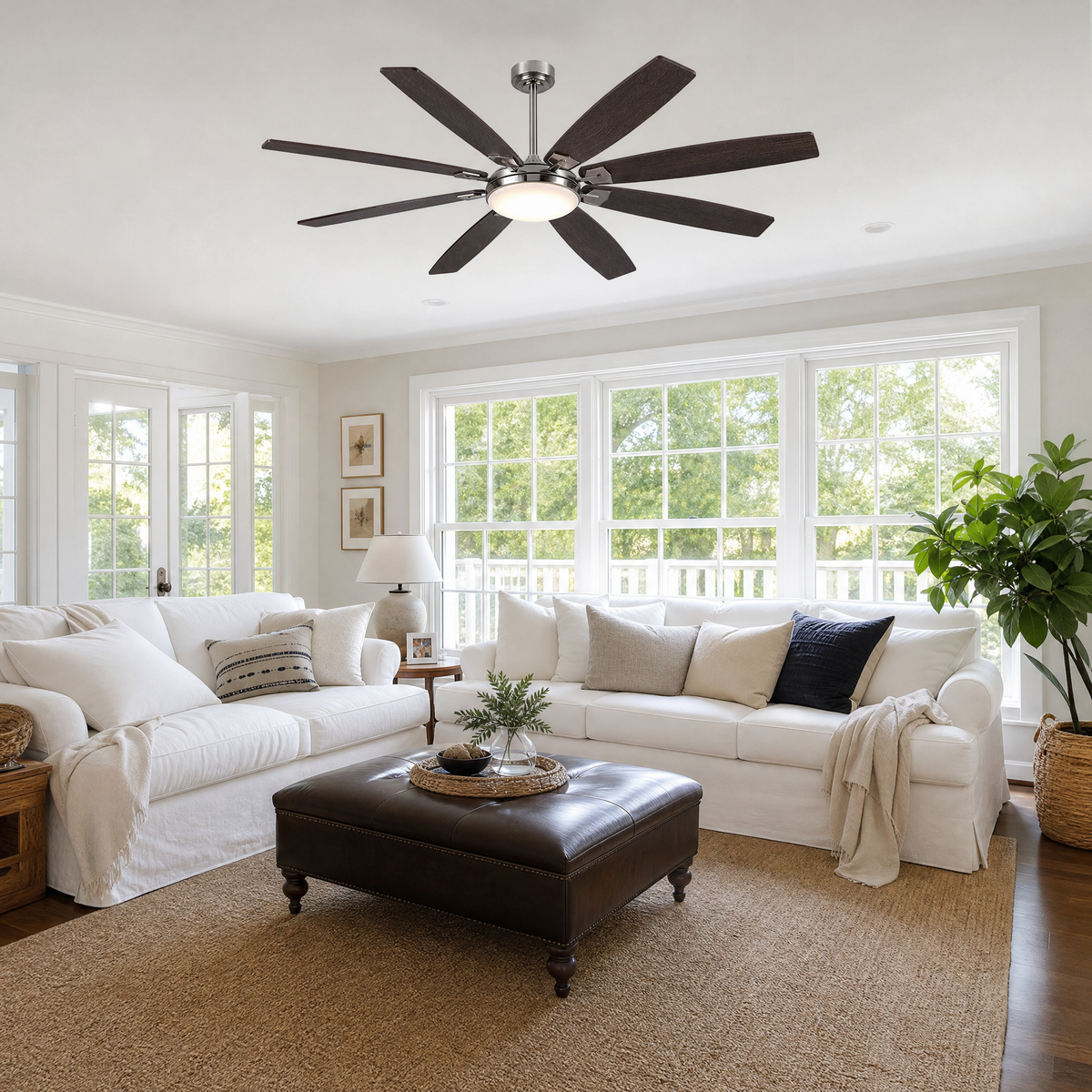 72" Industrial Walnut 8-Blade Ceiling Fan with LED Disc