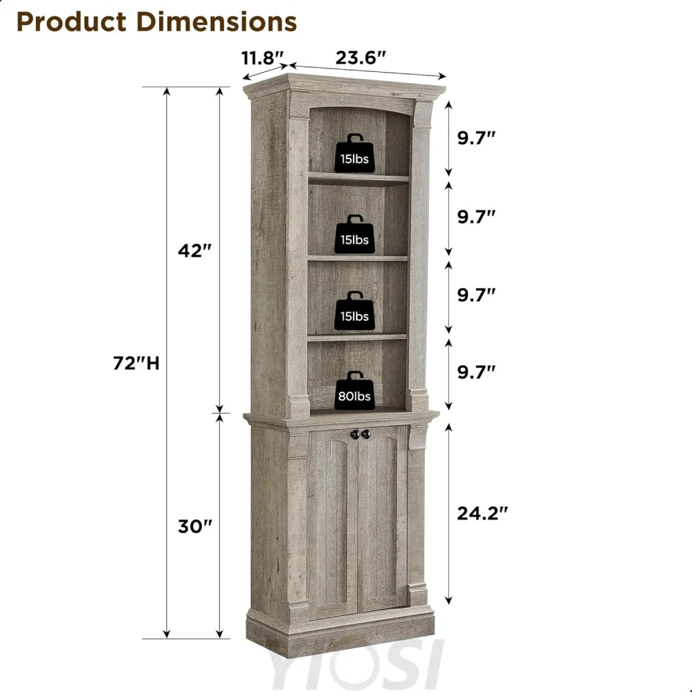 72" Farmhouse Bookcase with Adjustable Shelves and Storage Cabinet Doors