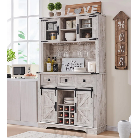 72" Farmhouse Buffet with Hutch - Sliding Barn Door Cabinet