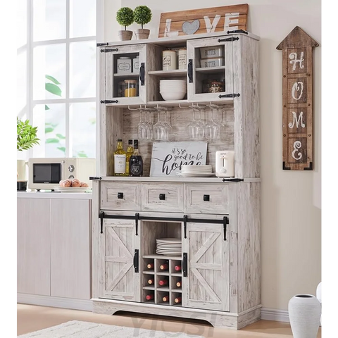 72" Farmhouse Buffet with Hutch - Sliding Barn Door Cabinet