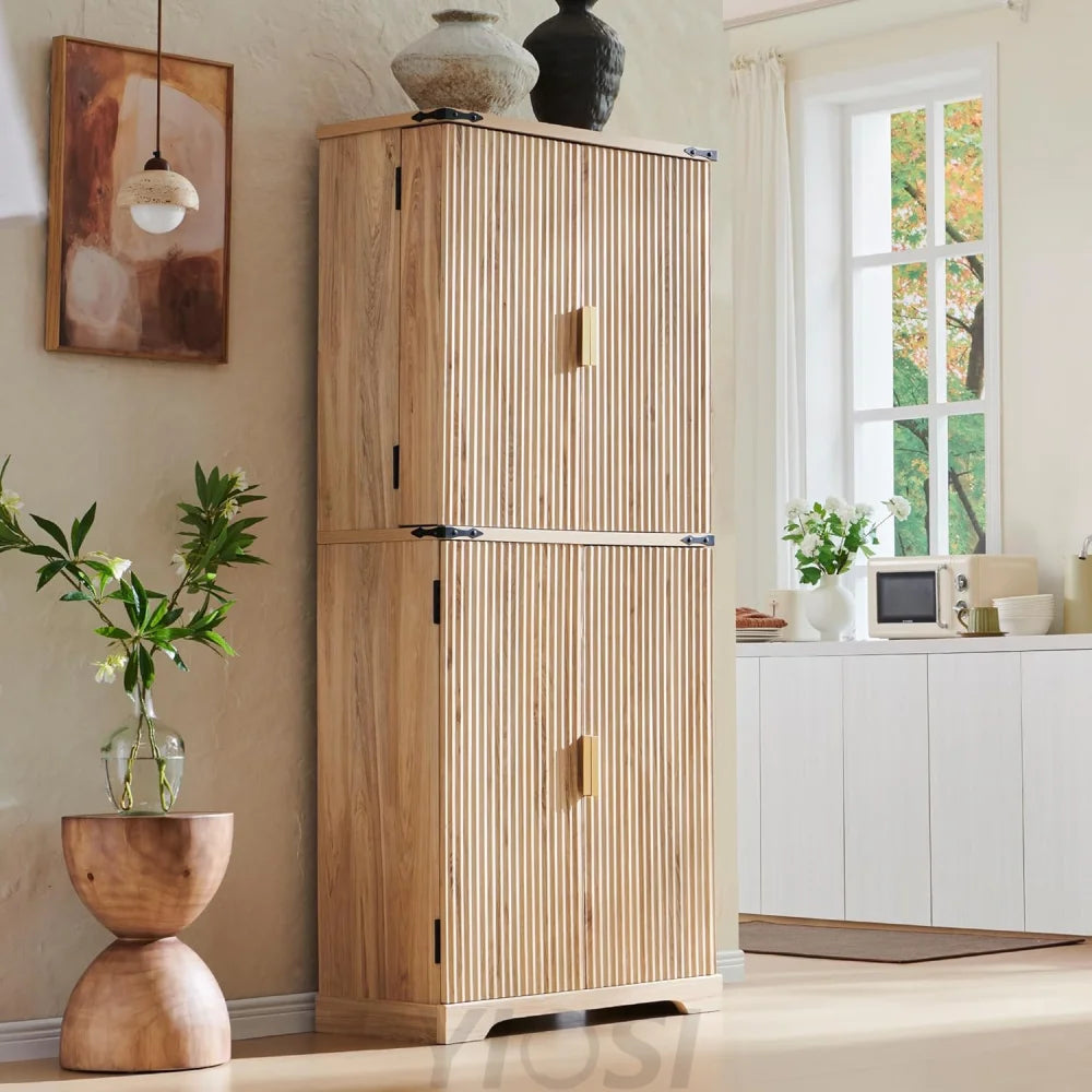 72" Fluted Natural Oak Pantry Cabinet | 4 Doors & Shelves