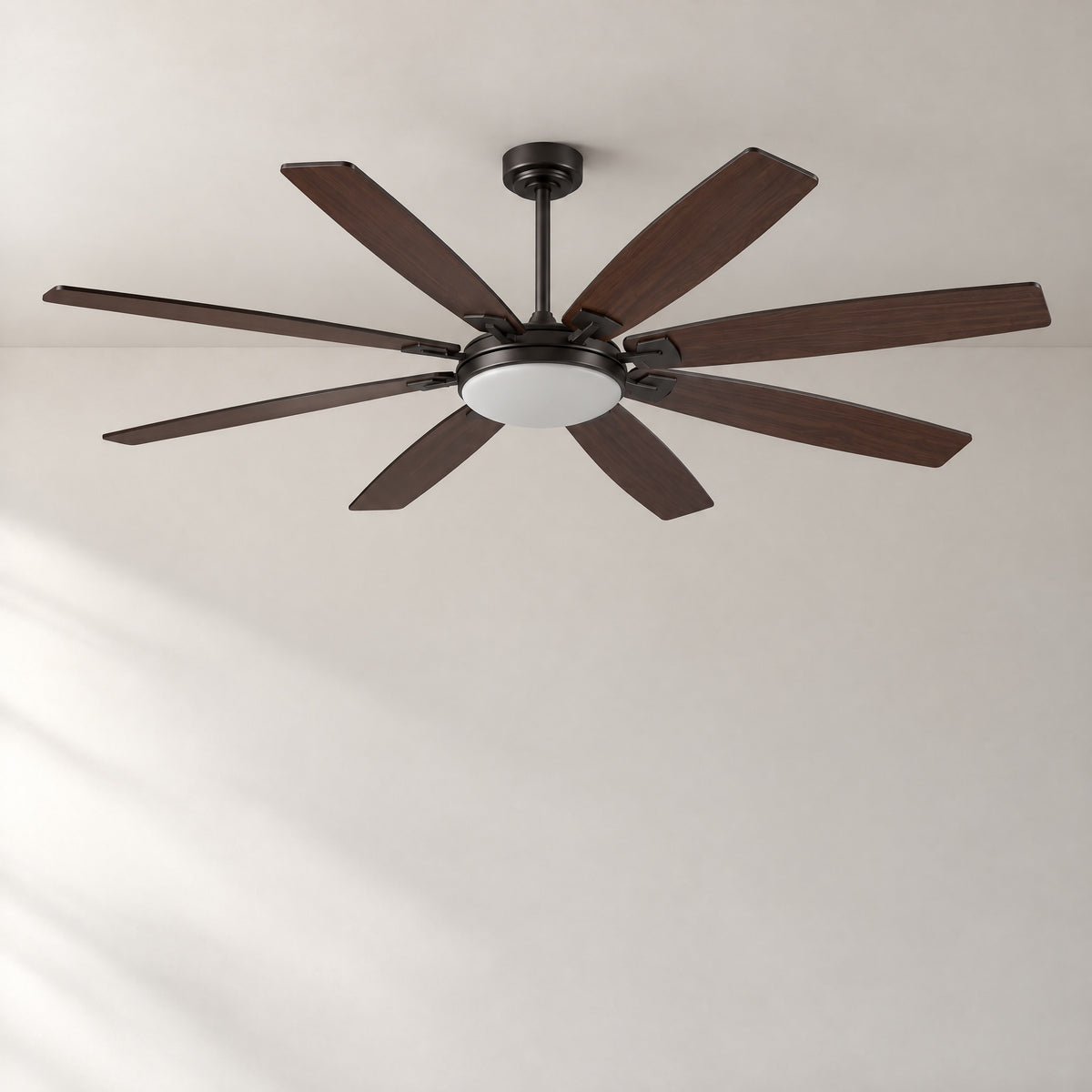 72" Industrial Walnut 8-Blade Ceiling Fan with LED Disc – lights off