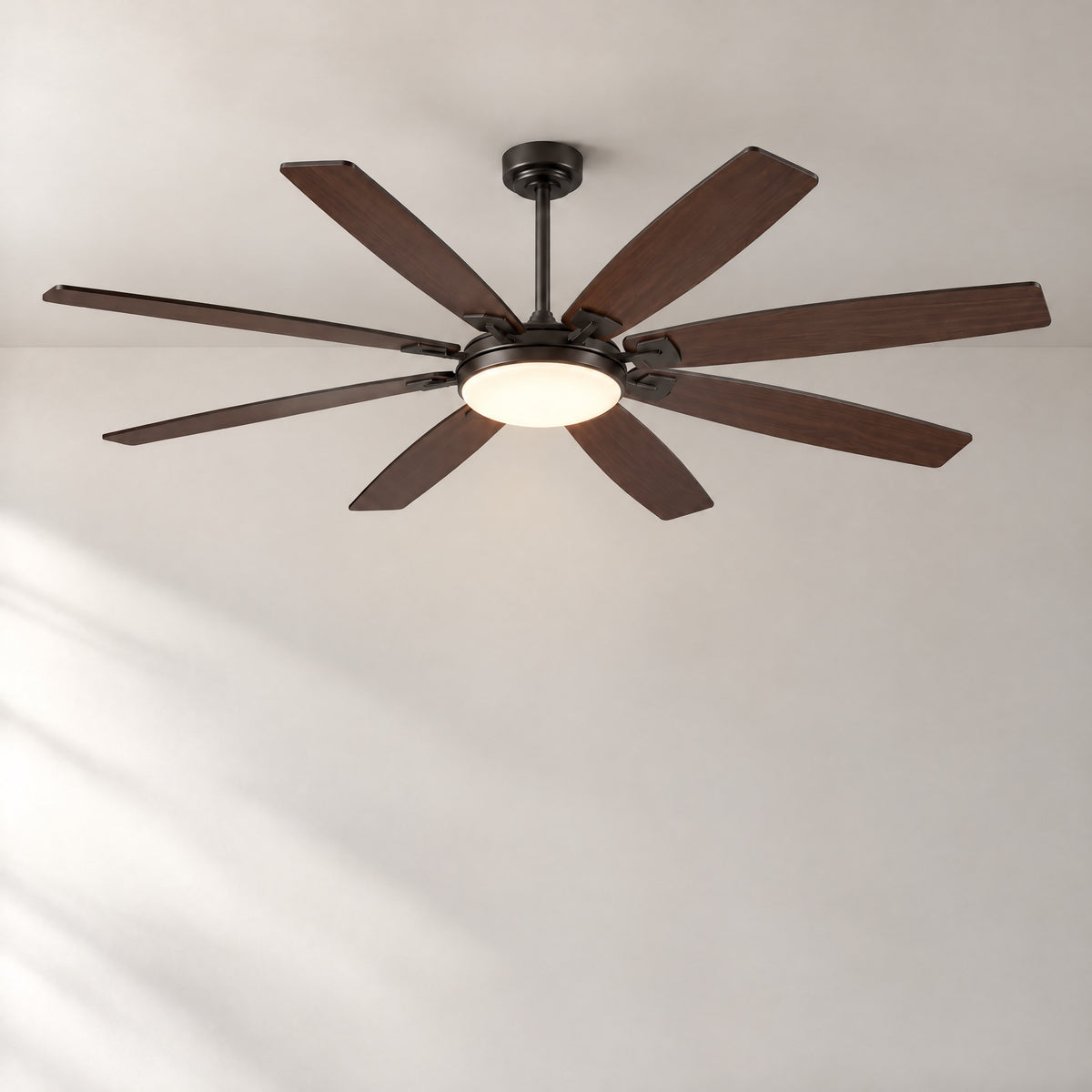 72" Industrial Walnut 8-Blade Ceiling Fan with LED Disc – lights on