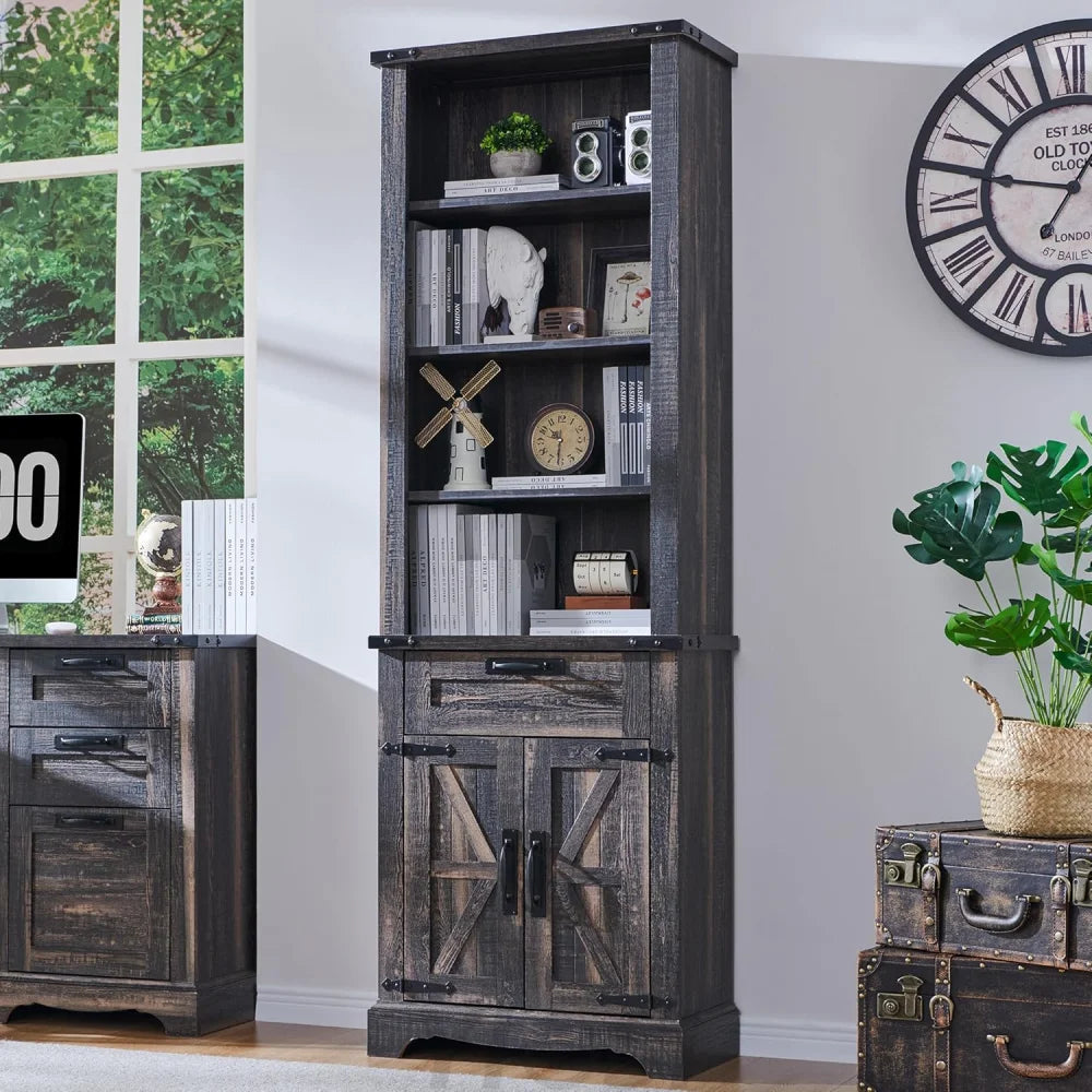 72" Tall Farmhouse Bookcase with Barn Door and Storage Cabinet