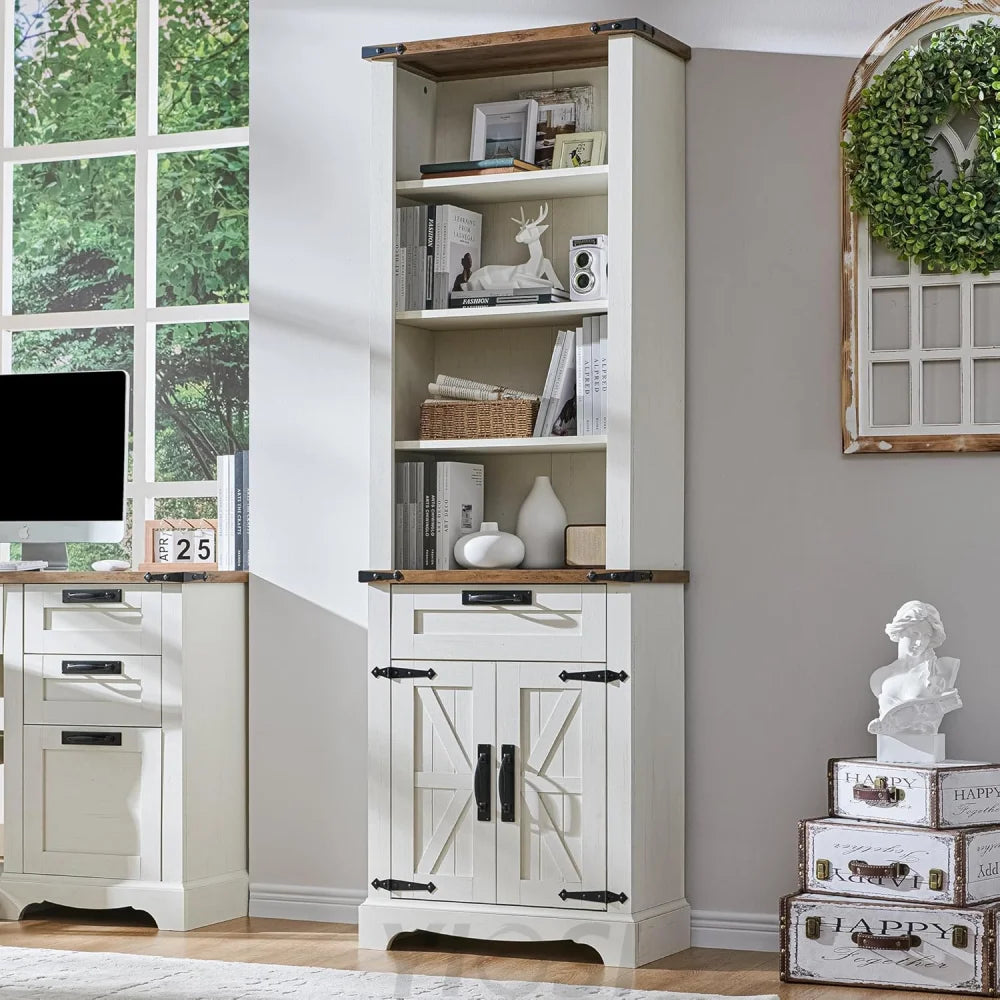 72’’ Tall Farmhouse Bookcase with Barn Door and Storage Cabinet Antique White