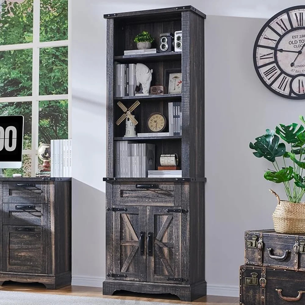 72" Tall Farmhouse Bookcase with Barn Door and Storage Cabinet