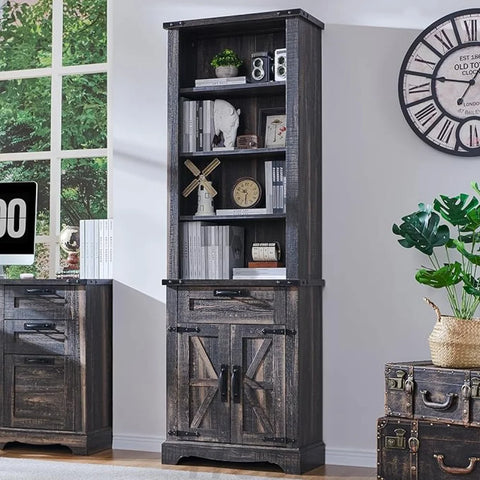 72" Tall Farmhouse Bookcase with Barn Door and Storage Cabinet