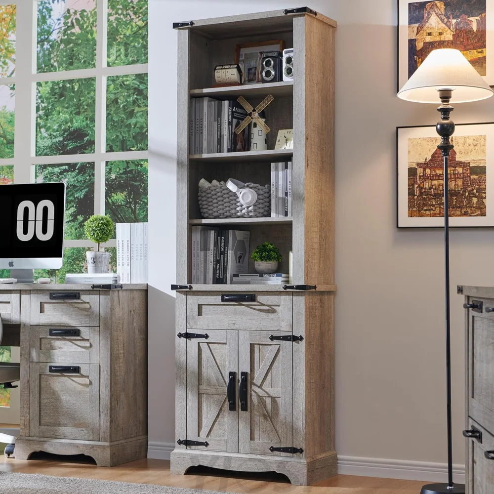 72’’ Tall Farmhouse Bookcase with Barn Door and Storage Cabinet Light Rustic Oak