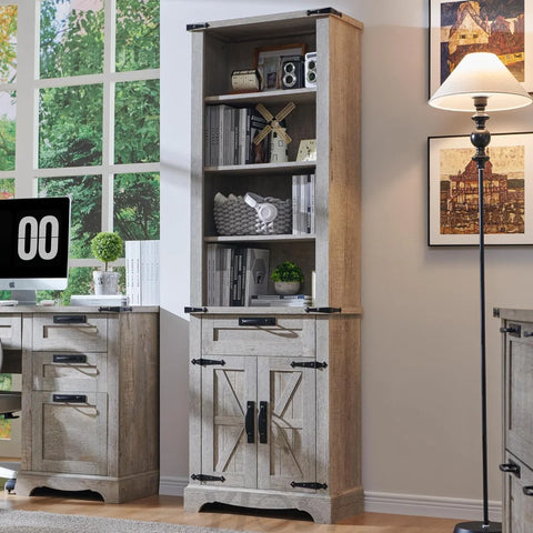 72’’ Tall Farmhouse Bookcase with Barn Door and Storage Cabinet Light Rustic Oak