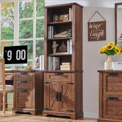 72’’ Tall Farmhouse Bookcase with Barn Door and Storage Cabinet Reclaimed Barnwood