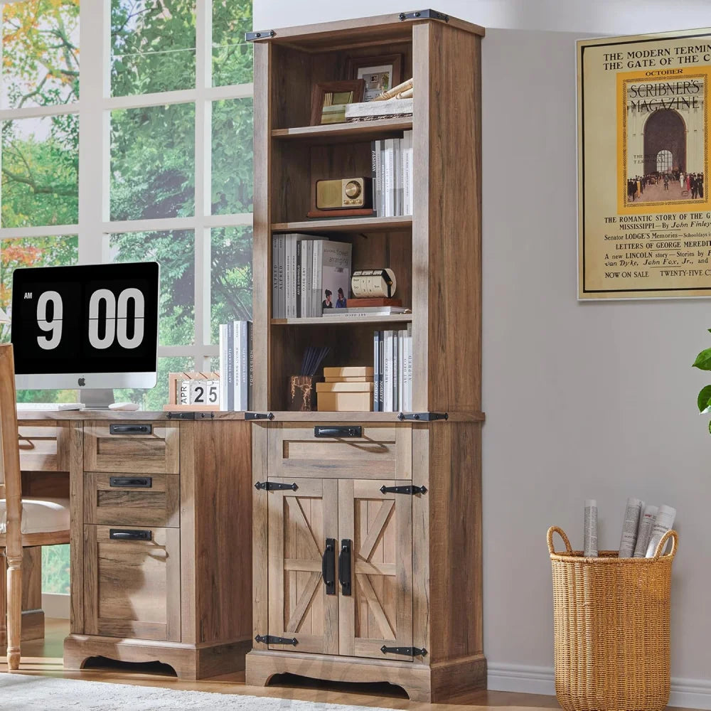 72’’ Tall Farmhouse Bookcase with Barn Door and Storage Cabinet Rustic Natural Oak