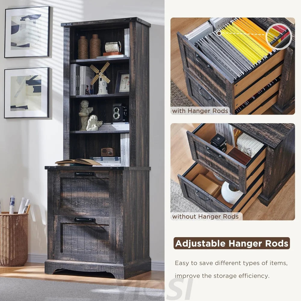 72" Tall Farmhouse Bookshelf with File Drawers and Storage