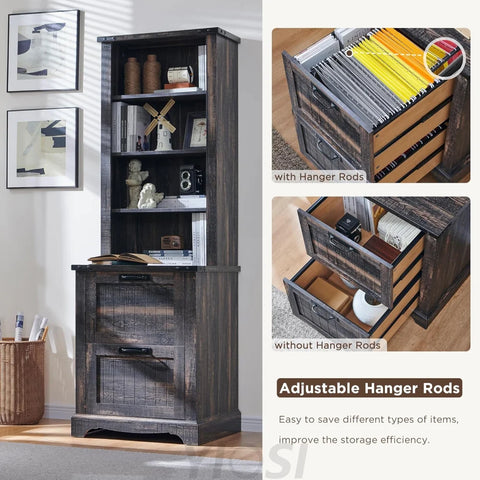 72" Tall Farmhouse Bookshelf with File Drawers and Storage