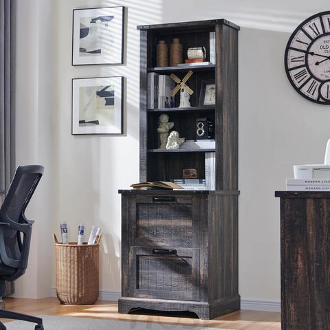 72" Tall Farmhouse Bookshelf with File Drawers and Storage