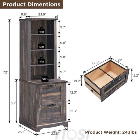 72" Tall Farmhouse Bookshelf with File Drawers and Storage