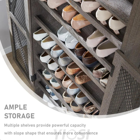 72" Tall Farmhouse Shoe Cabinet – Mesh Door, Adjustable Shelves, Grey