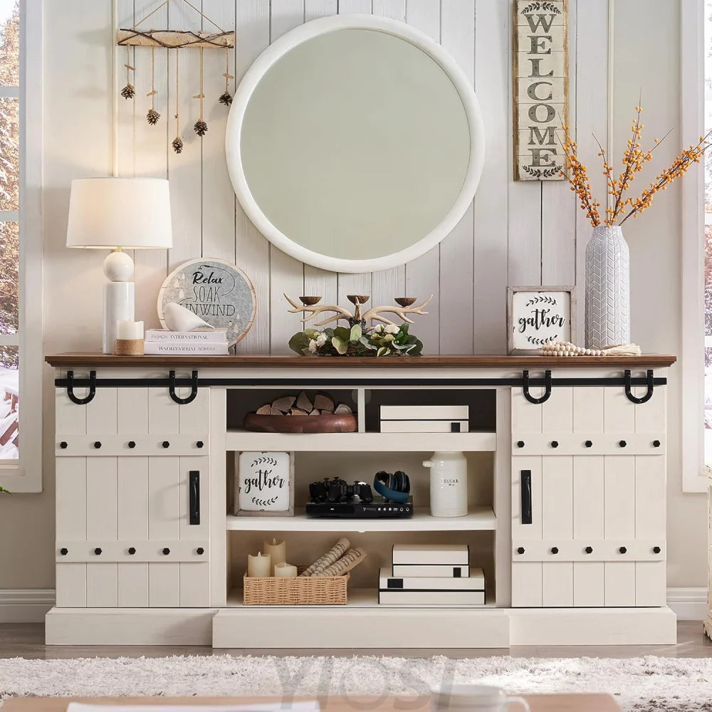 OKD 75" Rustic Farmhouse TV Stand with Sliding Barn Door