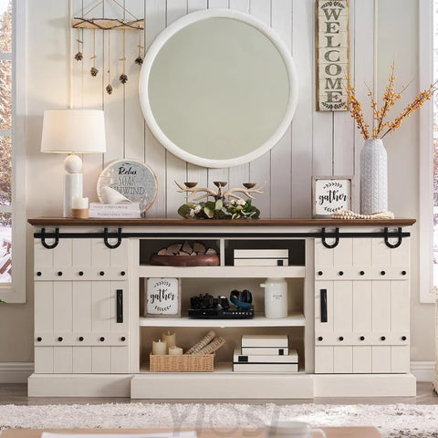 OKD 75" Rustic Farmhouse TV Stand with Sliding Barn Door
