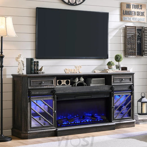 75" Rustic Oak Fireplace TV Stand for 85 Inch TV