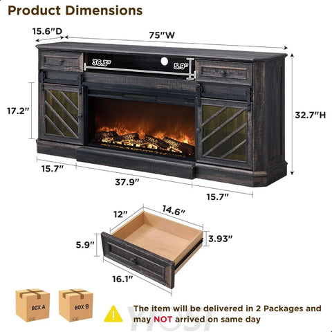 75" Rustic Oak Fireplace TV Stand for 85 Inch TV