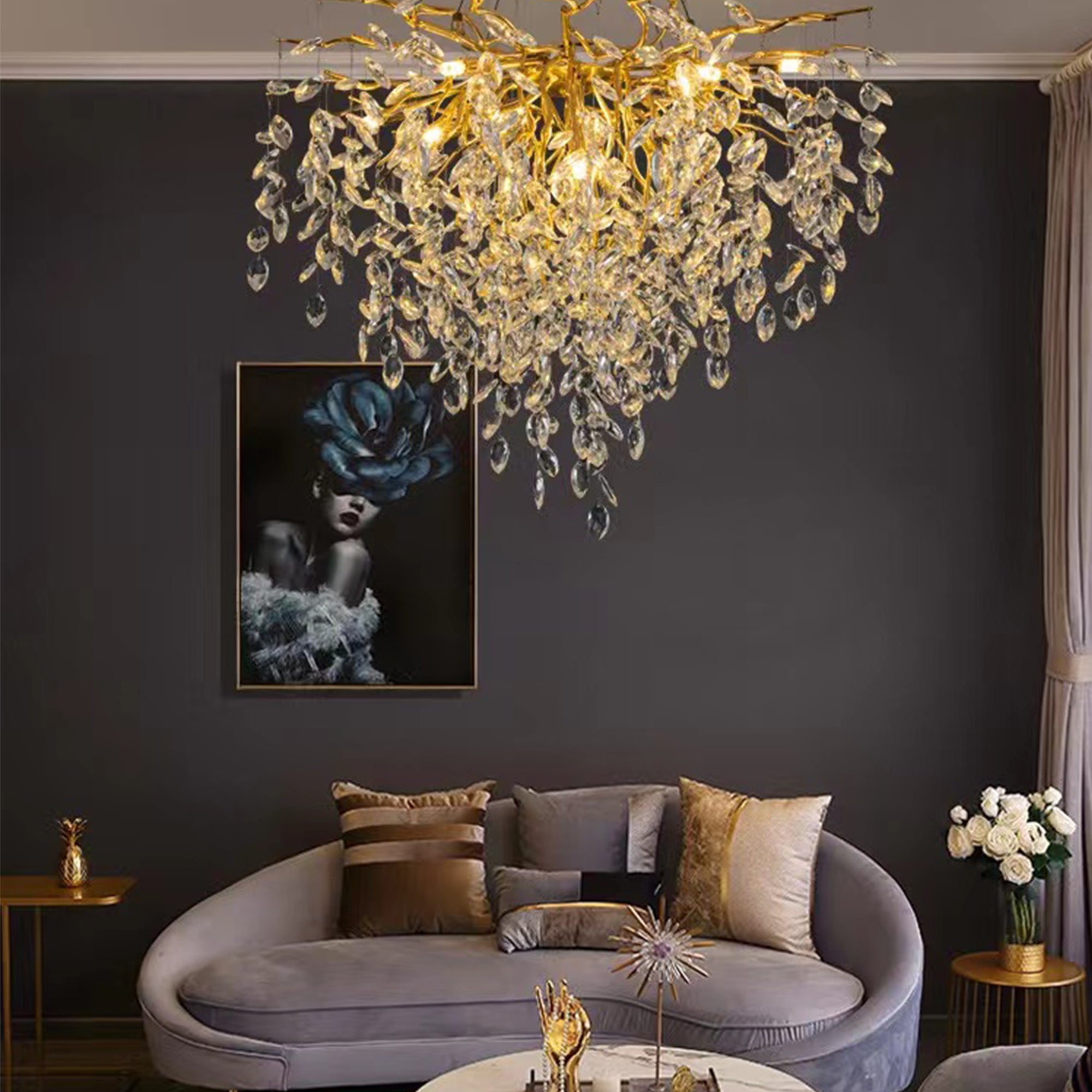 Salome Modern Round Gold Clear Crystal Branch Chandelier For Living Room