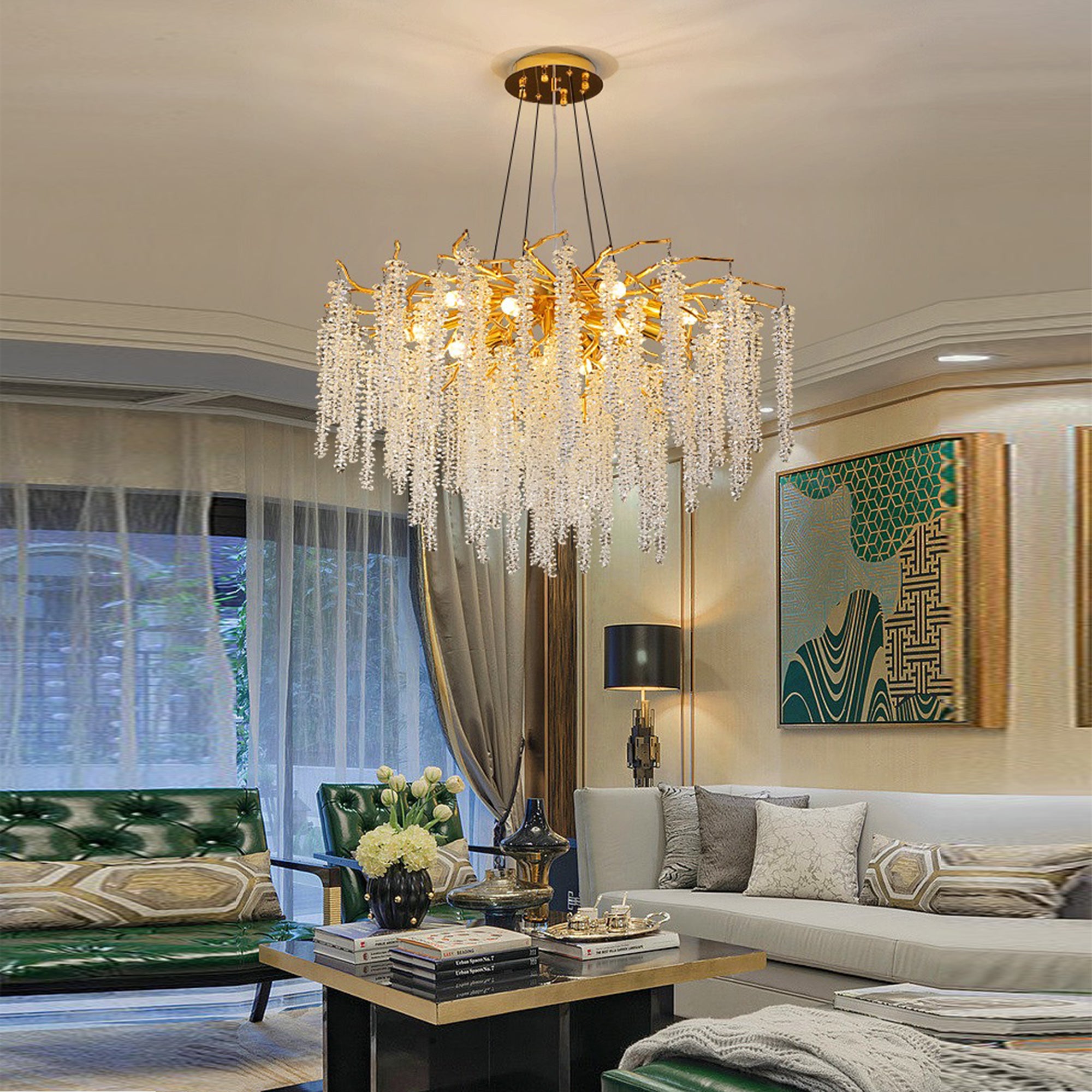 Sunniva Modern Gold Coin Crystal Oval Branch Chandelier For Living Room